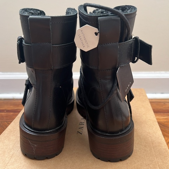 New Zara Women’s Black Fur Lined Leather Combat Booties, Size 38/ US 7.5 - Picture 4 of 5